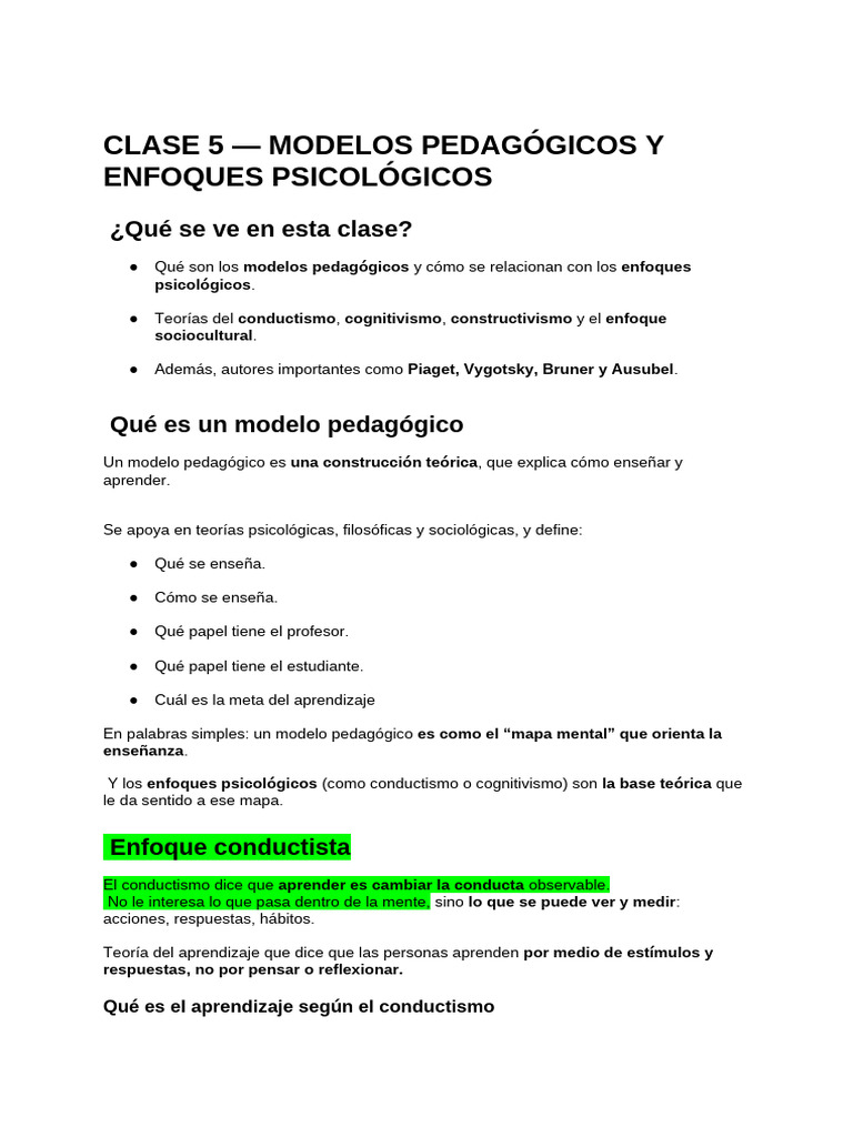 Modelos Pedagógicos y Enfoques Psicológicos | PDF | Aprendizaje | Sicología