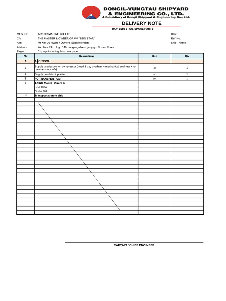 Delivery Note for MV Sein Star Parts | PDF