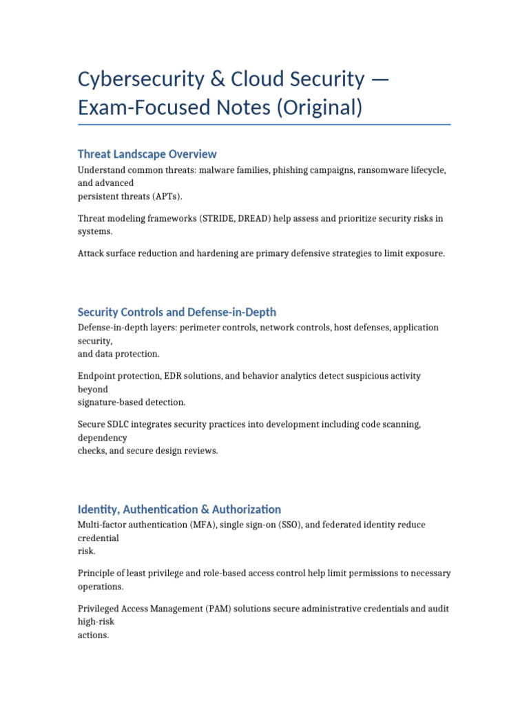 Cybersecurity CloudSecurity Exam Notes | PDF | Security | Computer Security