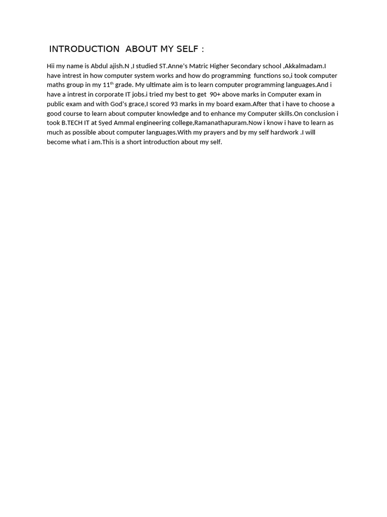 Introduction About My Self (N.abdul Ajish) | PDF
