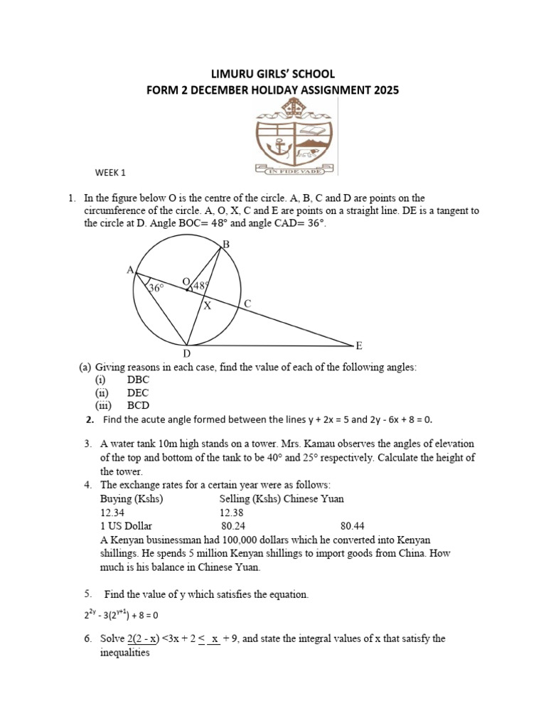 Limuru Girls' School Form 2 Holiday Assignment | PDF | Circle | Geometry