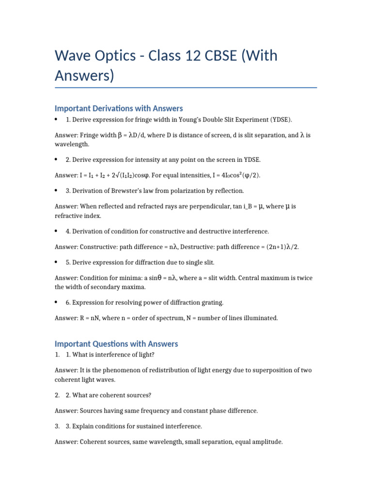 Wave Optics Derivations & Answers | PDF | Diffraction | Wavelength