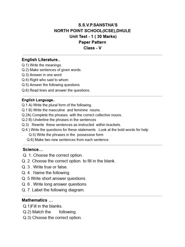 Class V Unit Test Paper Pattern | PDF | English Language | Morphology