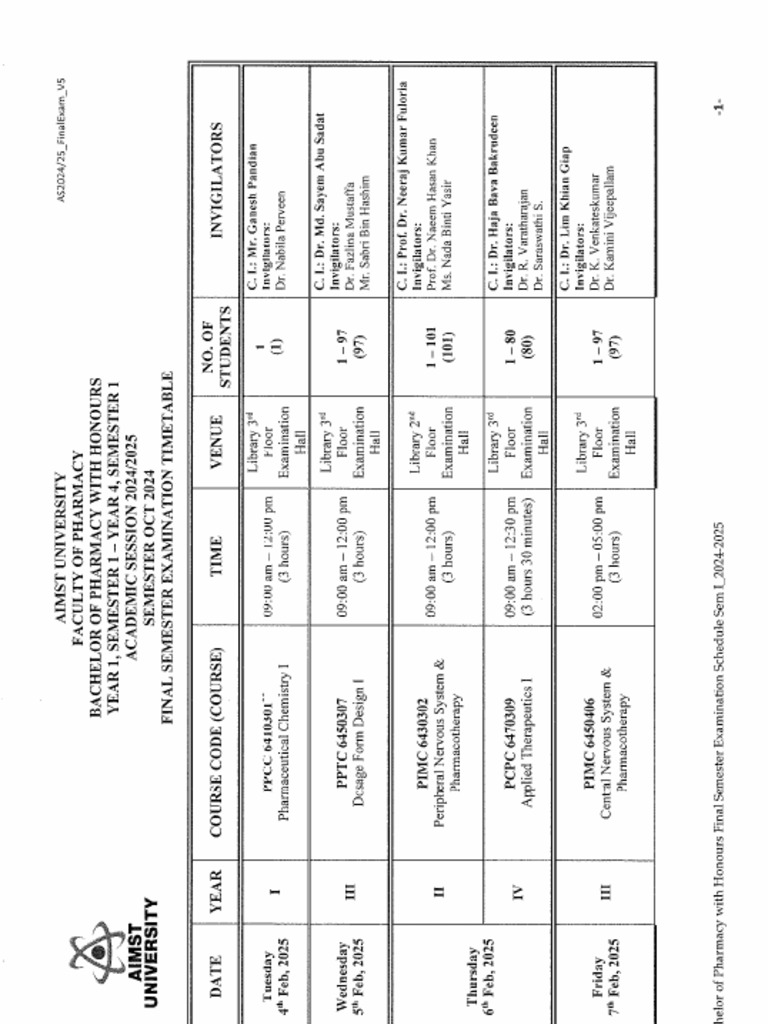 Rev - s1 24-25 Fe Timetable - Jan25 | PDF