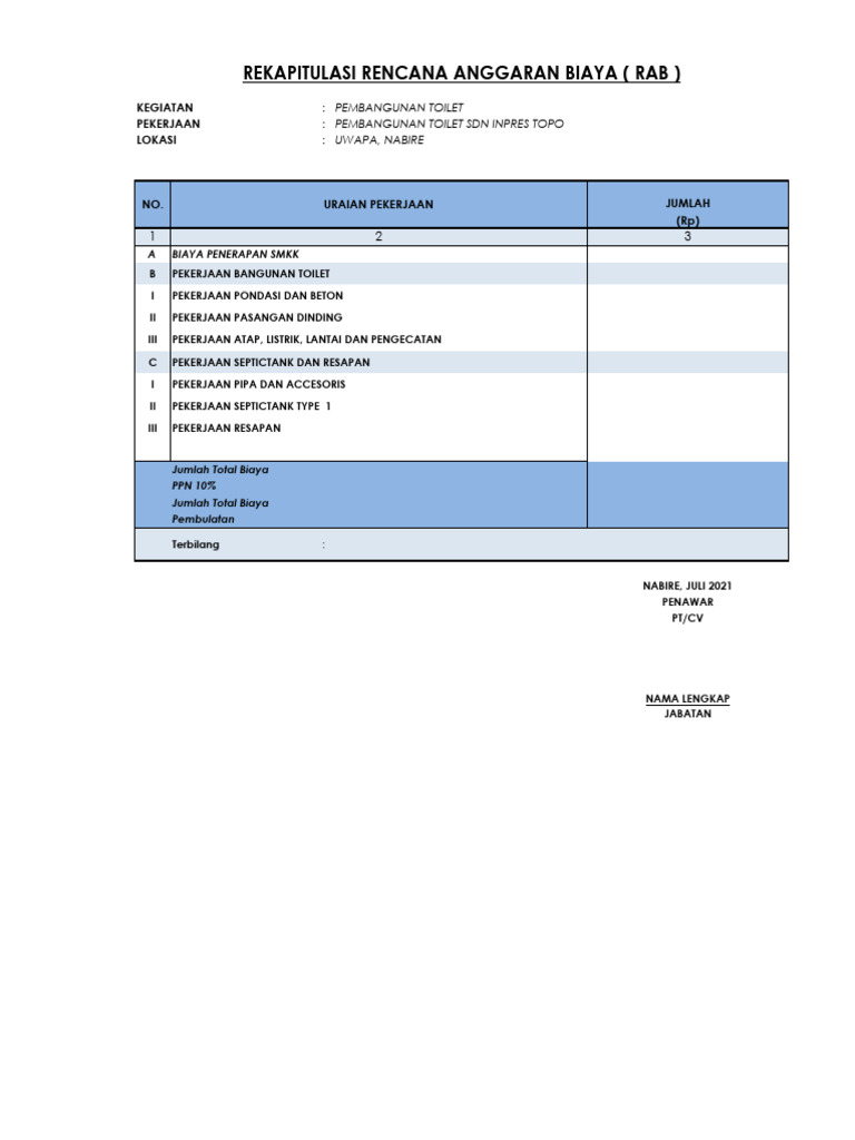RAB Pembangunan Toilet SDN Inpres Topo | PDF