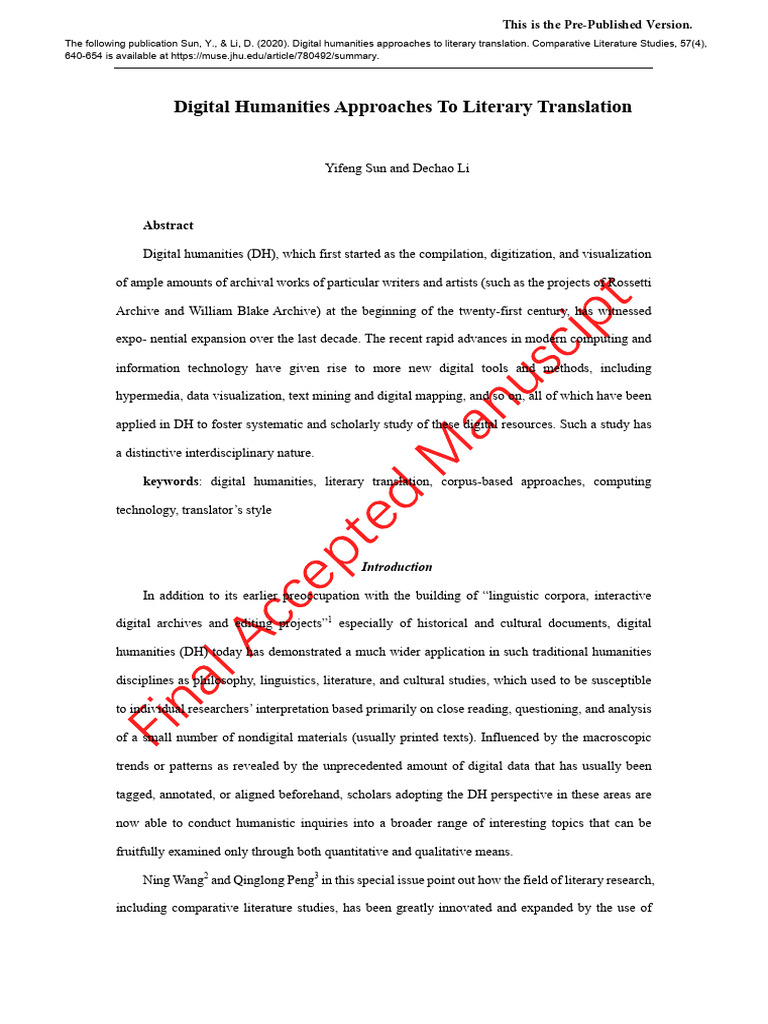 Digital Humanities in Literary Translation | PDF | Translations ...