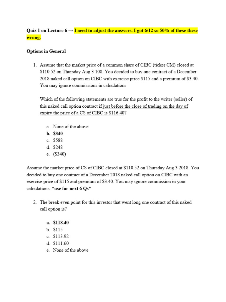 quiz题 | PDF | Option (Finance) | Put Option