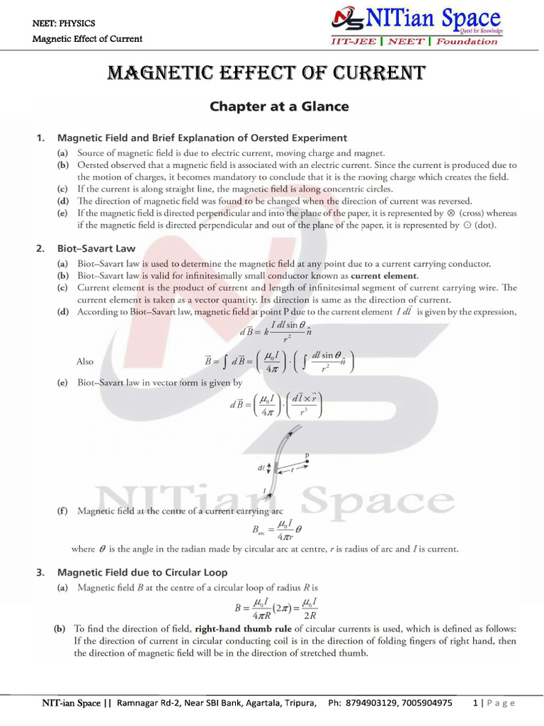 Magnetic Effects of Current Theory - 1 | PDF