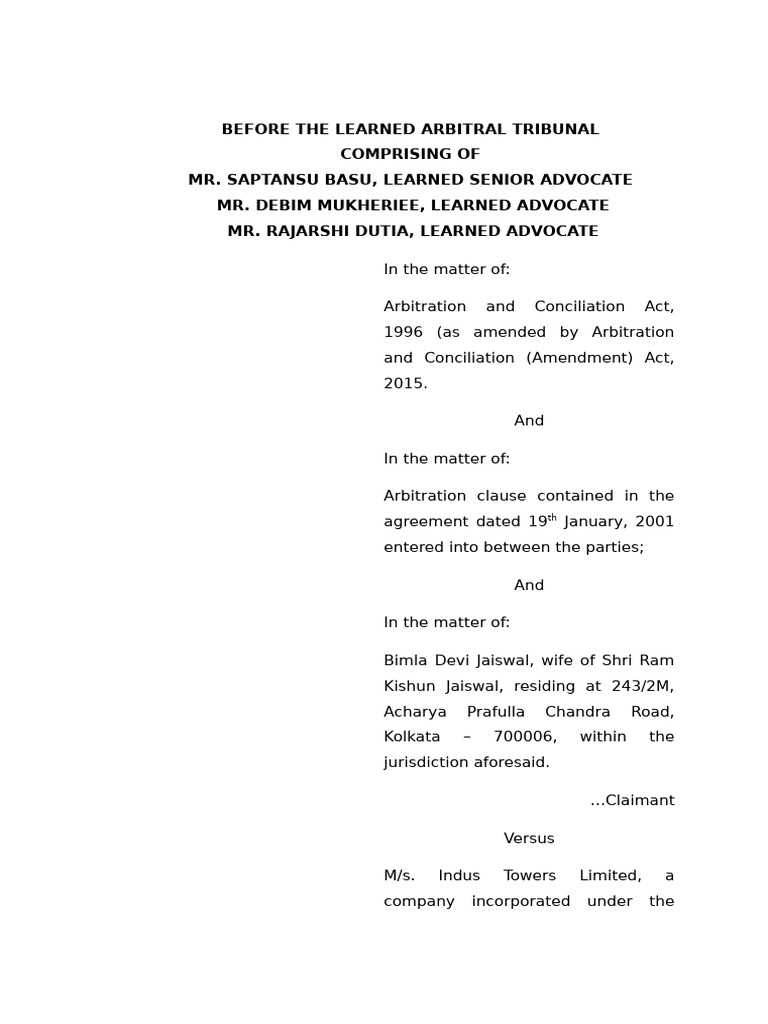 Statement of Claim (Bimla Devi) Dated 05.09.2025 | PDF | Arbitration ...