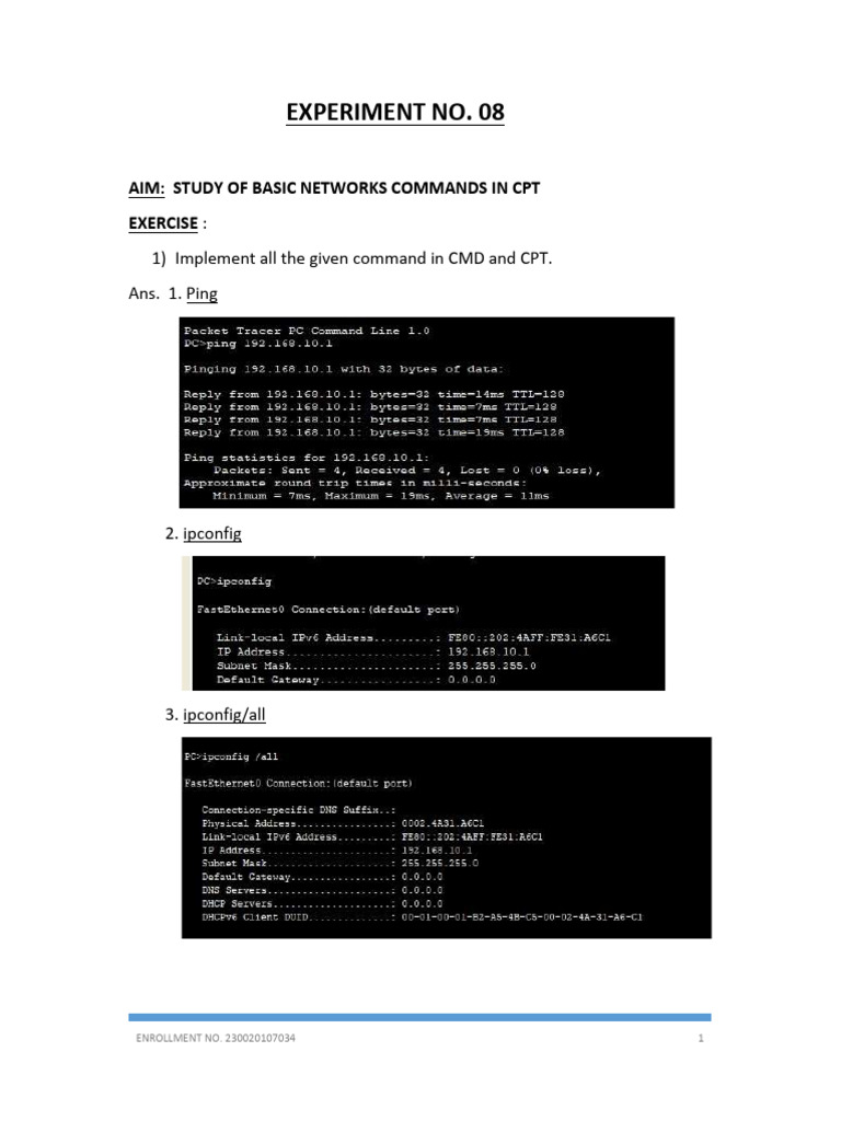 Basic Network Commands in CPT Experiment | PDF