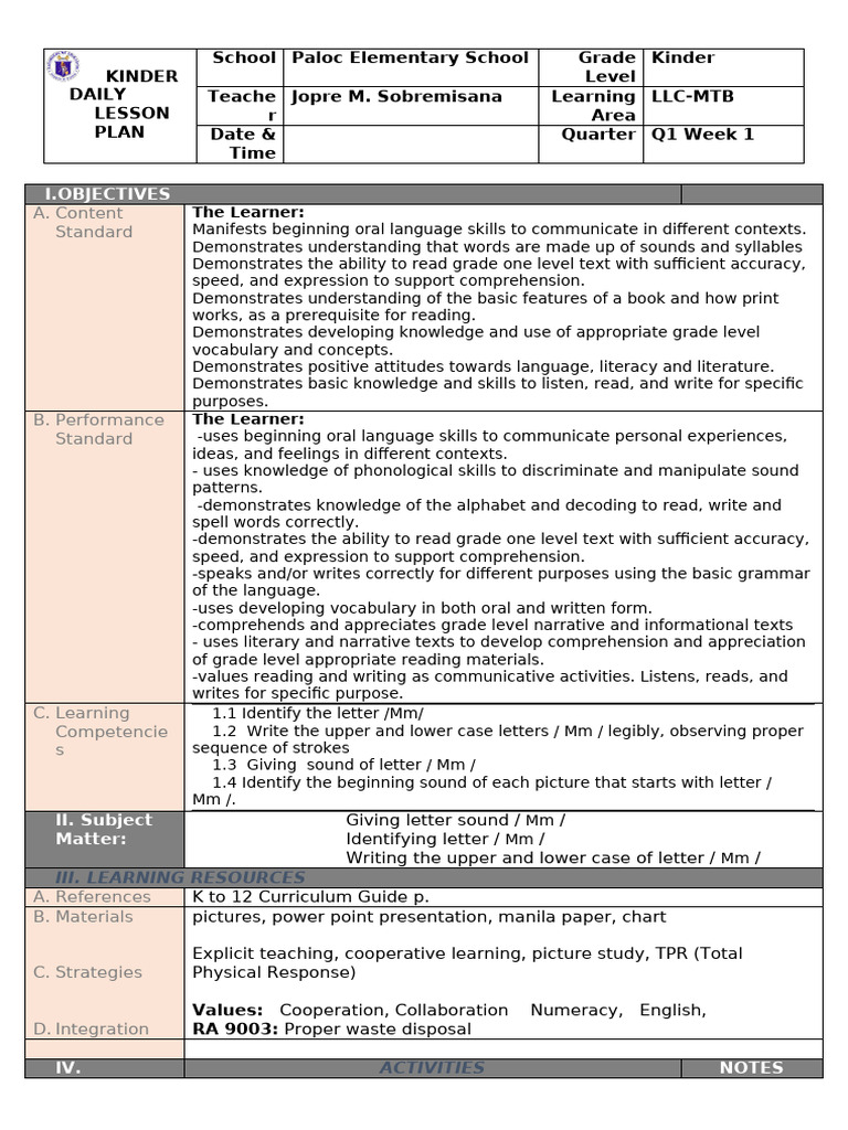 Kinder Lesson Plan: Letter Mm Activities | PDF | Reading Comprehension ...