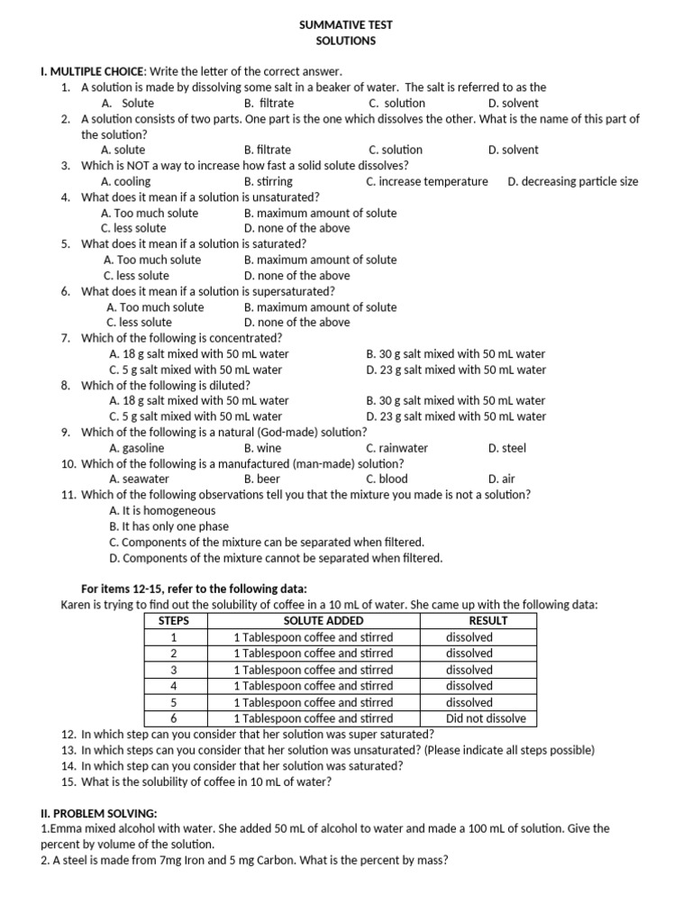 Solutions and Solubility Test Questions | PDF | Chemistry | Physical ...