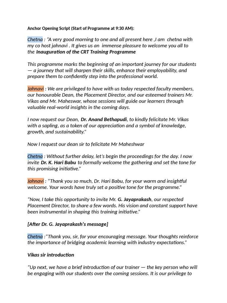 Anchoring Script For CRT Inauguration Session | PDF