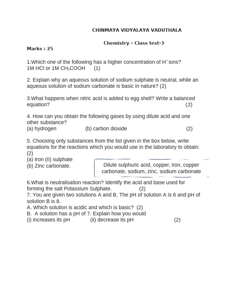 Chemistry Class Test 3 Questions | PDF