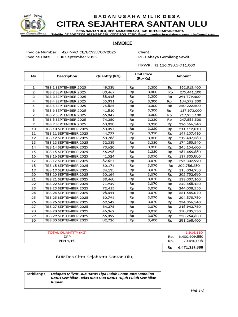 Invoice Penjualan TBS BUMDes Santan Ulu | PDF