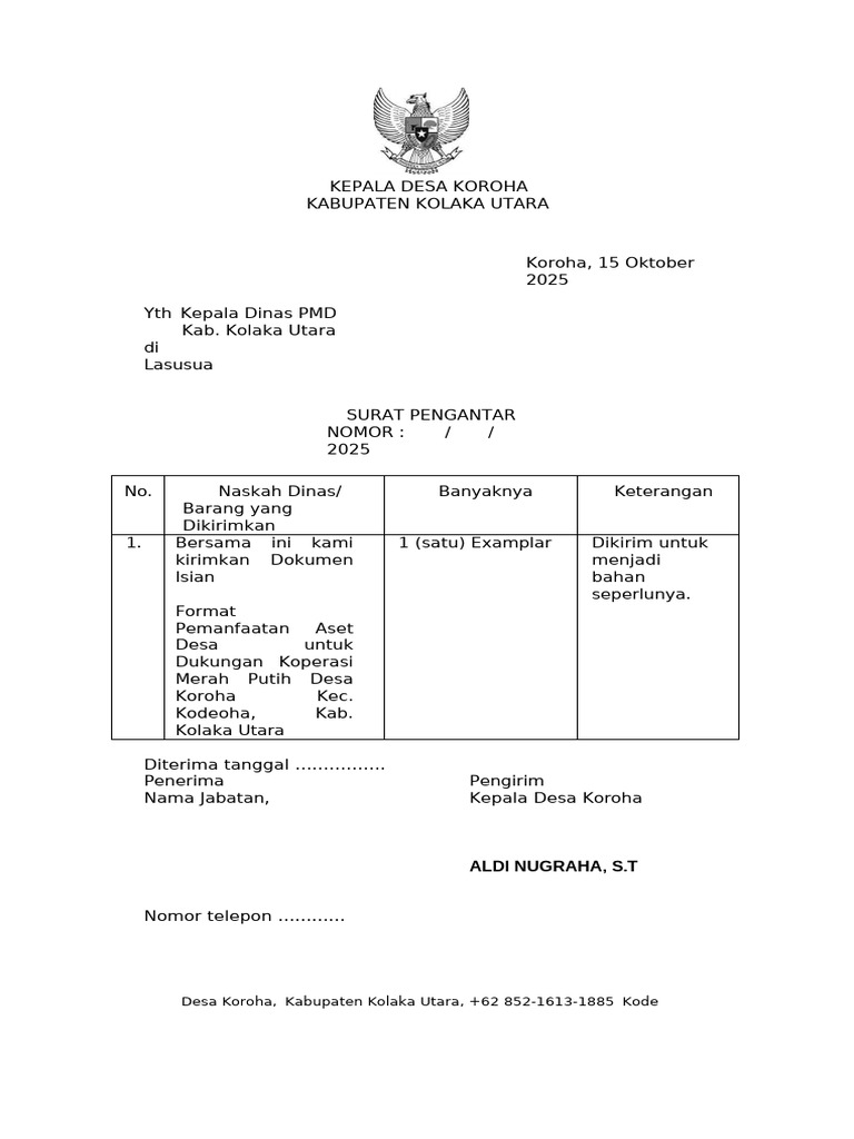 Surat Pengantar Dokumen Aset Desa Koroha | PDF