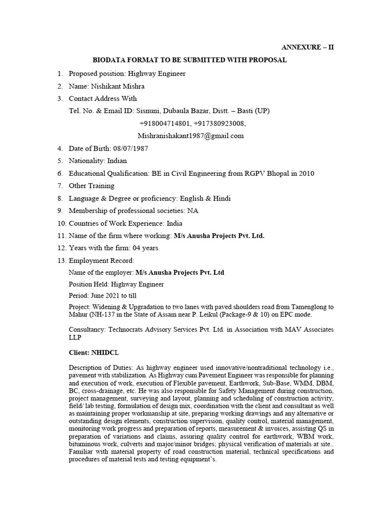 Highway Engineer Biodata for Proposal | PDF