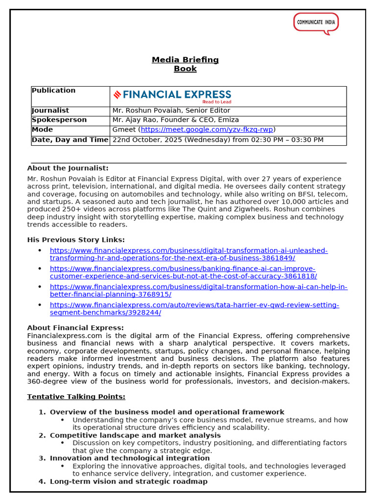 Media Briefing Book - Emiza - Financial Express | PDF | Business Model ...