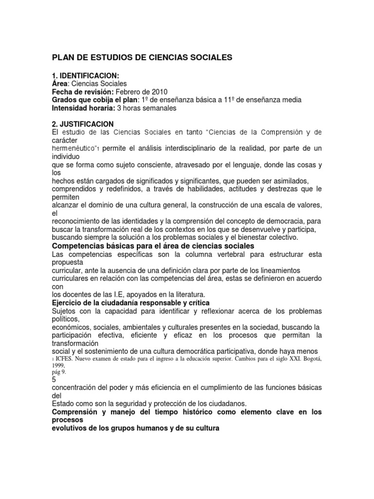 Plan de Estudios de Ciencias Sociales | PDF | Sociedad | Conocimiento