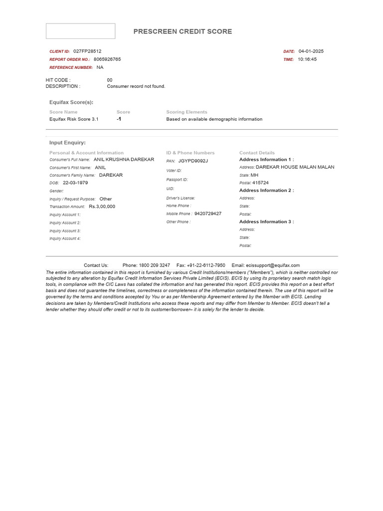 Anil Equifax | PDF
