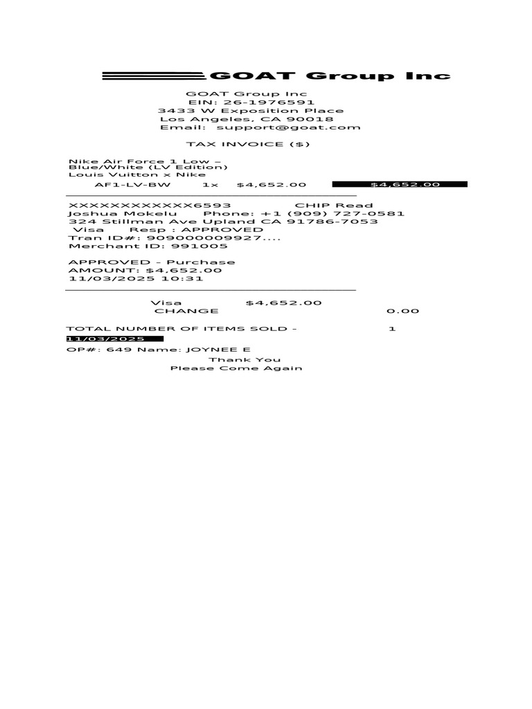 Nike Air Force 1 LV Invoice - GOAT Group | PDF