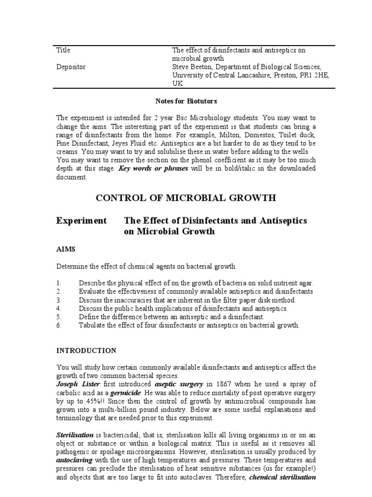 Control of Microbial Growth Experiment The Effect of Disinfectants and