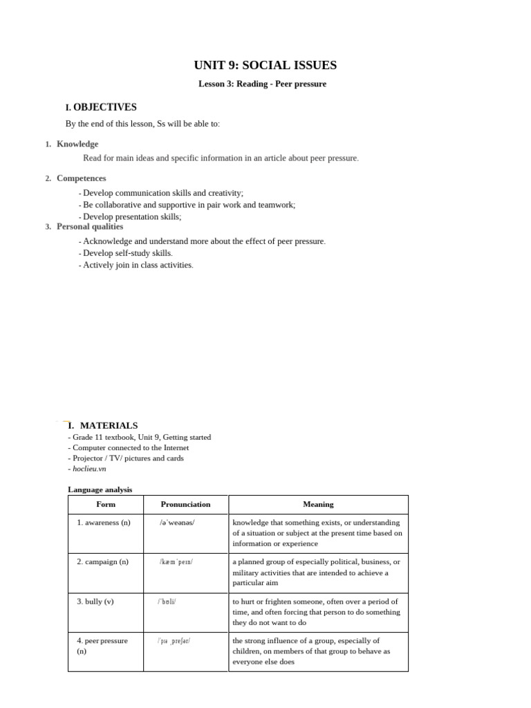 Lesson Plan - UNIT 9-SOCIAL ISSUES | PDF | Vocabulary | Knowledge