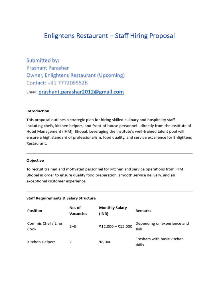 Hiring Proposal | PDF | Restaurants | Kitchen