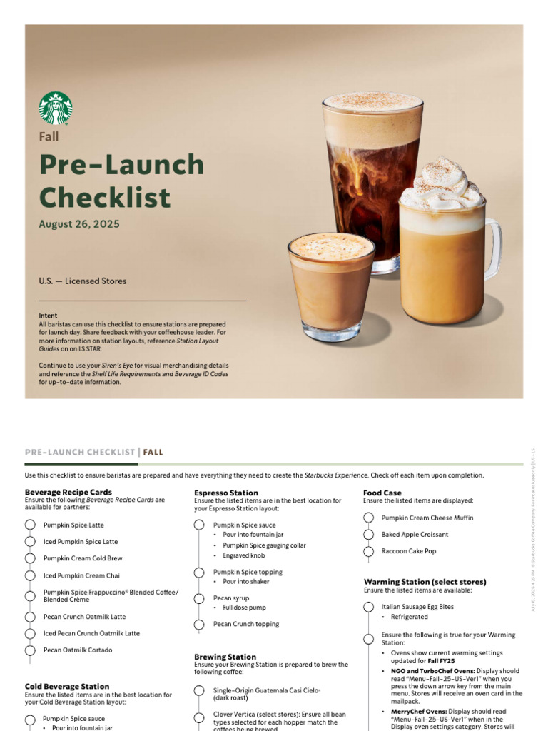 Fall - Pre-Launch Checklist - US-LS | PDF | Cooking | Non Alcoholic Drinks
