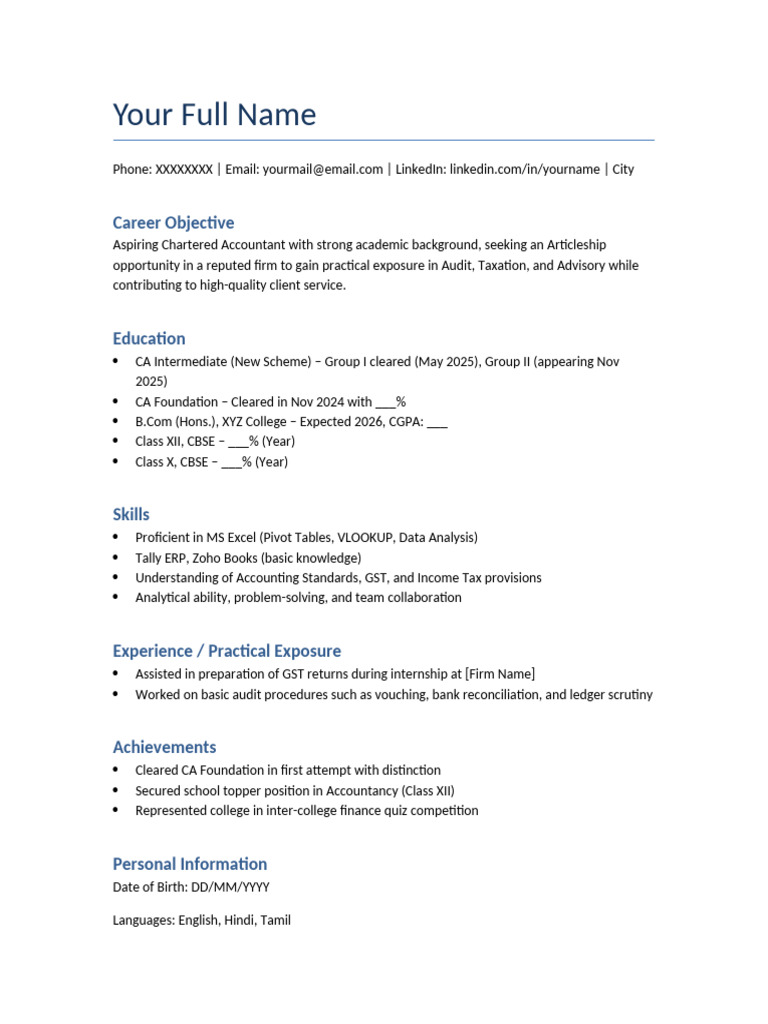 CA Articleship Resume for Big 4 | PDF