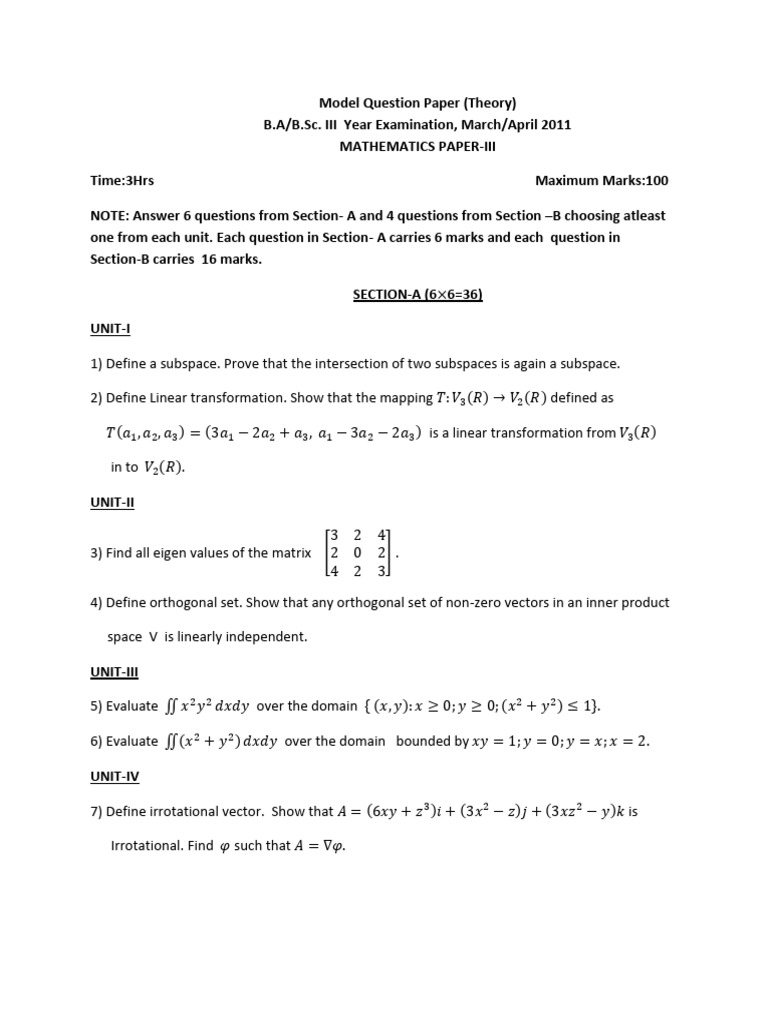 B.A/B.Sc. Mathematics Paper-III Exam | PDF | Linear Map | Vector Space