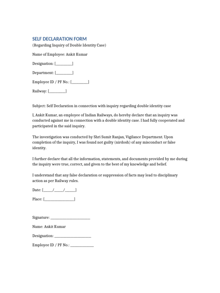 Self Declaration for Double Identity Inquiry | PDF