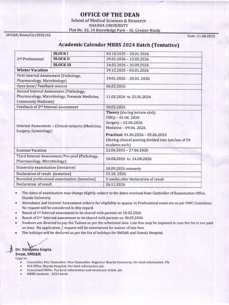 Academic Calendar MBBS 2024 Batch | PDF | Medicine | Health Care