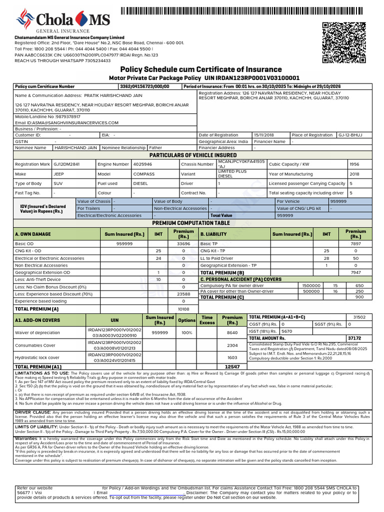 Cholamandalam Car Insurance Policy Details | PDF | Insurance | Vehicles