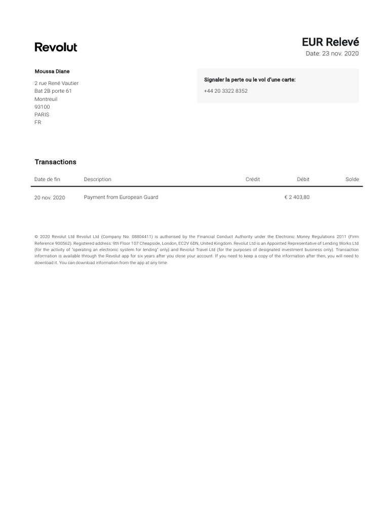 Revolut EUR Statement 23 Nov 1 | PDF