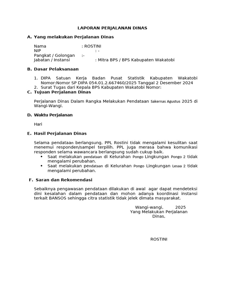 Laporan Perjalanan Dinas Pendataan Sakernas | PDF
