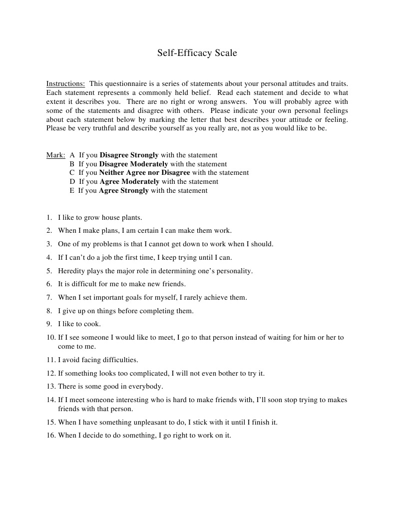 Self Efficacy Scale | Psychology & Cognitive Science | Psychological ...