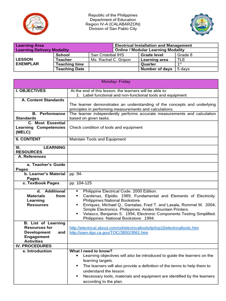 Grade 8 Electrical Installation Lesson Plan | PDF | Learning ...