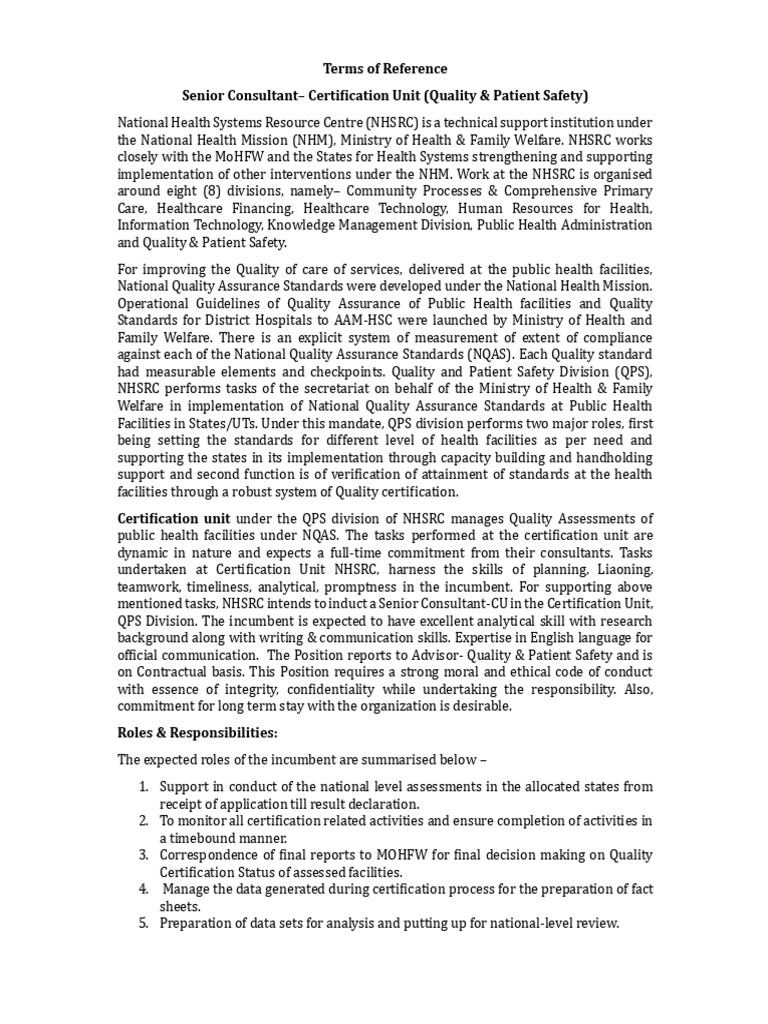Terms of Reference, Senior Consultant-Certification Unit, NHSRC | PDF ...