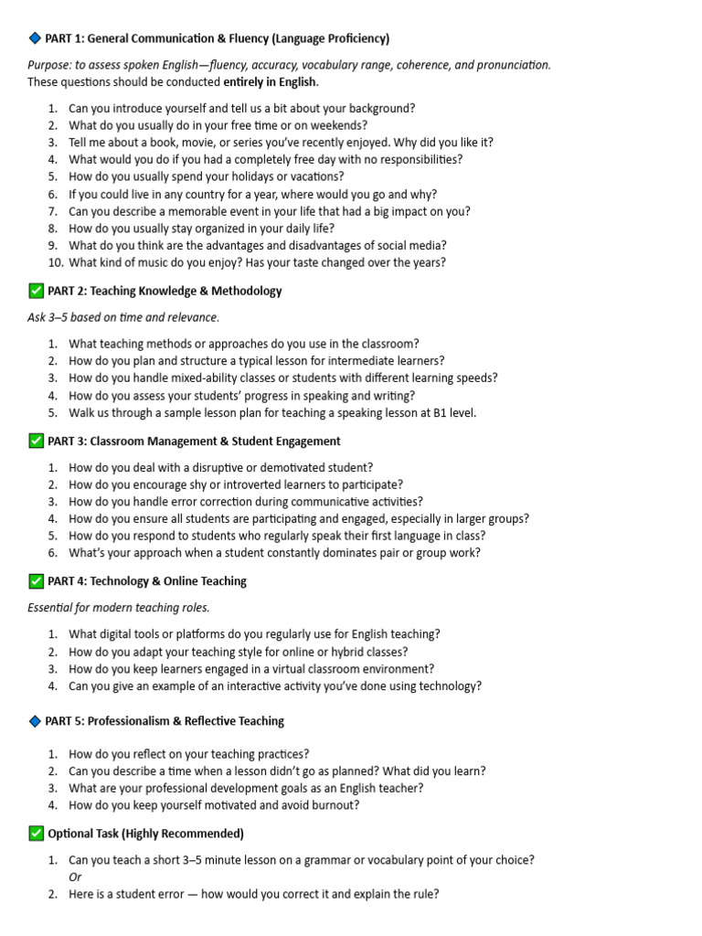 English Teaching Interview Guide | PDF | Fluency | Applied Linguistics