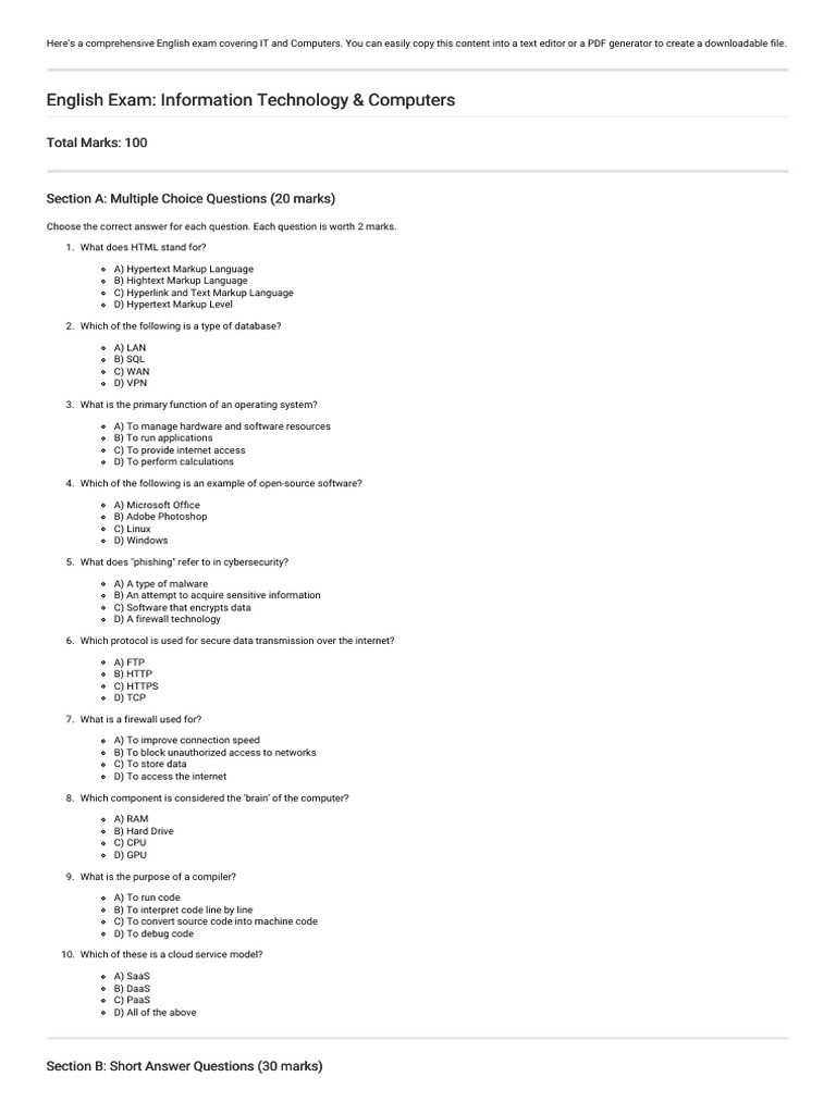 English Exam: IT & Computers Test | PDF | Firewall (Computing) | Internet