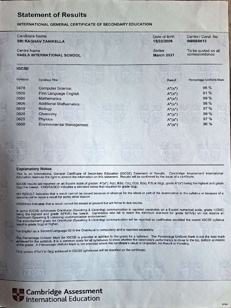 IGCSE Results Statement for Sri Raghav Tanikella | PDF | Educational ...