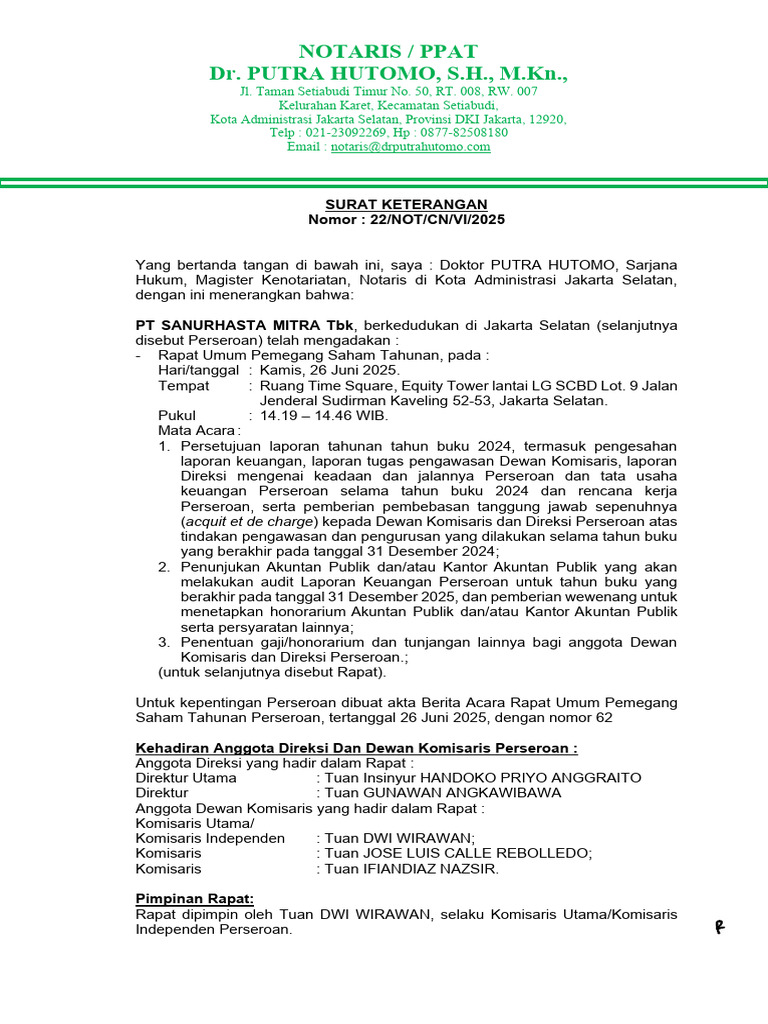 Surat Keterangan RUPS PT Sanurhasta 2025 | PDF