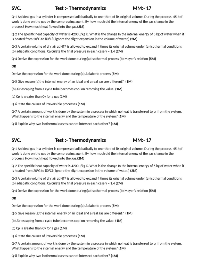 Thermodynamics Test Questions and Answers | PDF | Heat | Gases