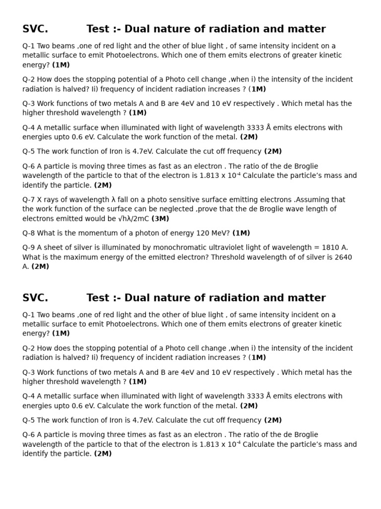 Dual Nature Test 31 Jan 24 | PDF | Electron | Electronvolt