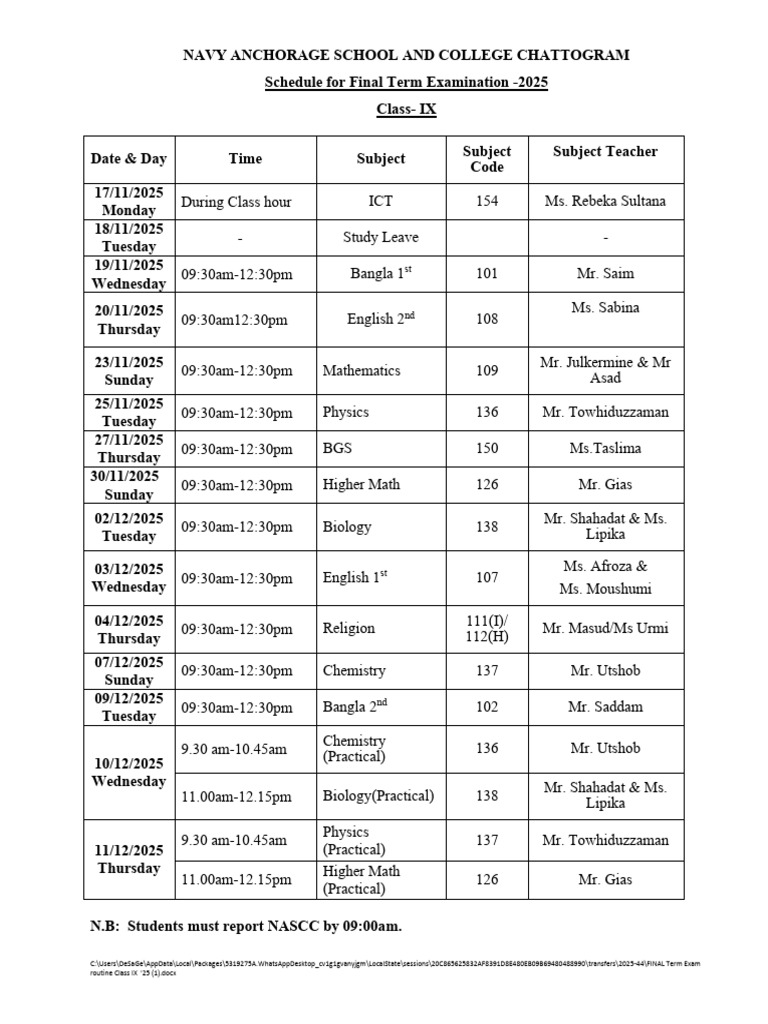 Class 9 Final Exam Routine 2025 | PDF