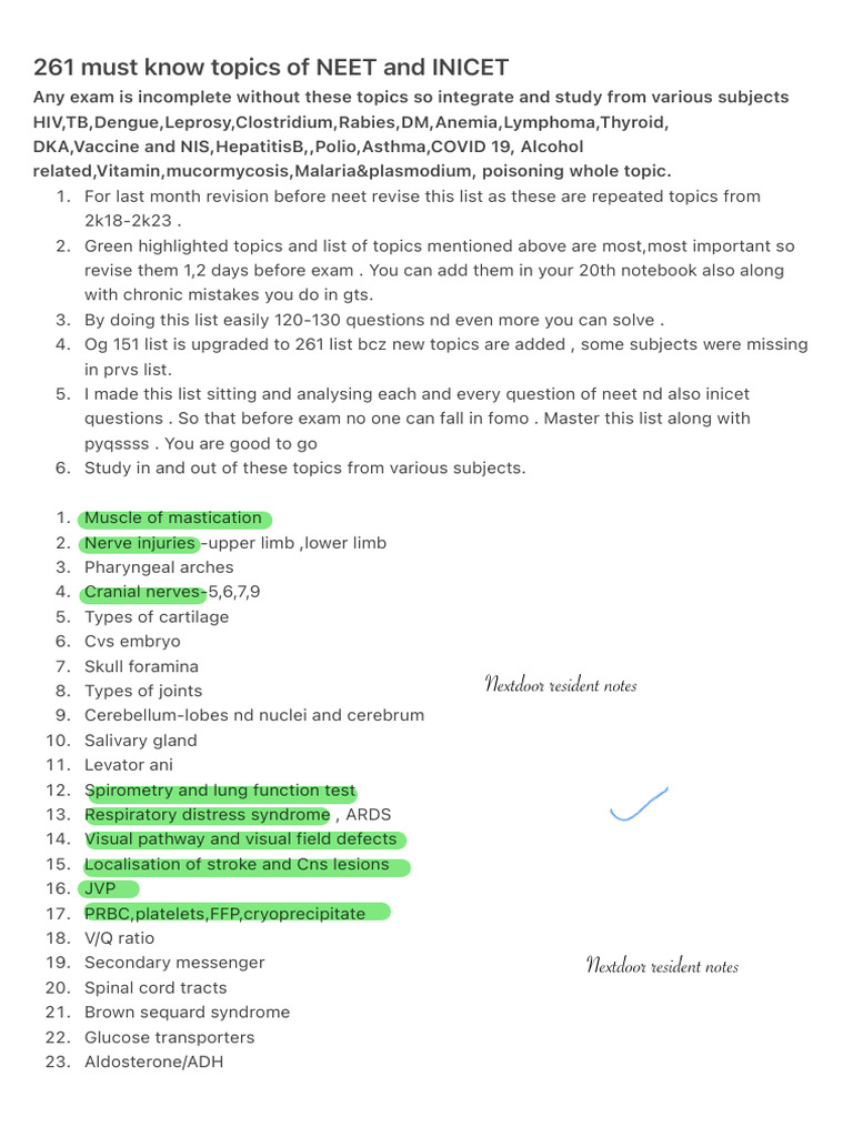 261 Must Know Topics of NEET and INICET | PDF | Medical Specialties ...