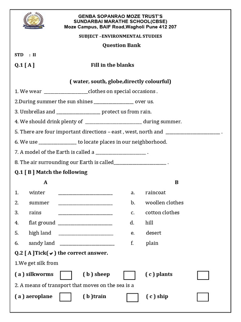 Environmental Studies Question Bank for Grade 2 | PDF
