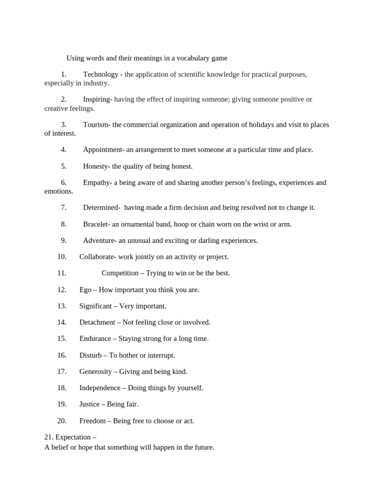 Using Words and Their Meanings in A Vocabulary Game | PDF | Feeling | Love