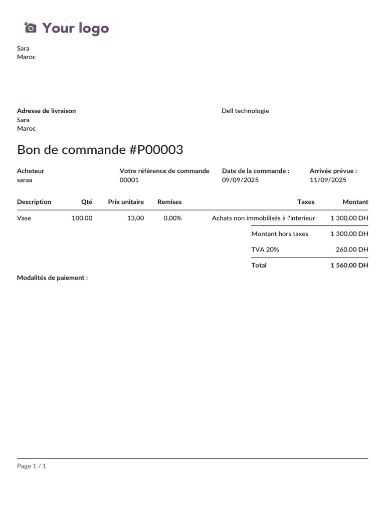 Bon de commande #P00003 - Détails et prix | PDF